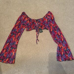 wild fable Floral Tie-Front Smocked Crop Top in Pink, Purple, Red, Orange
